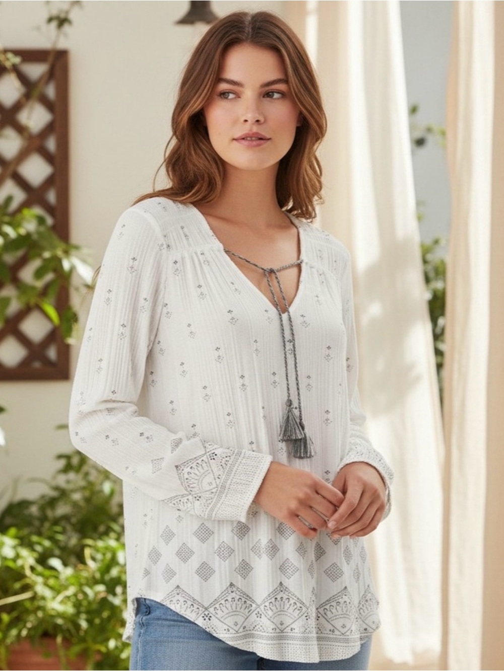Ivory Boho Peasant Blouse Long Sleeve with Tassel Tie - Lucky Brand- Women’s S